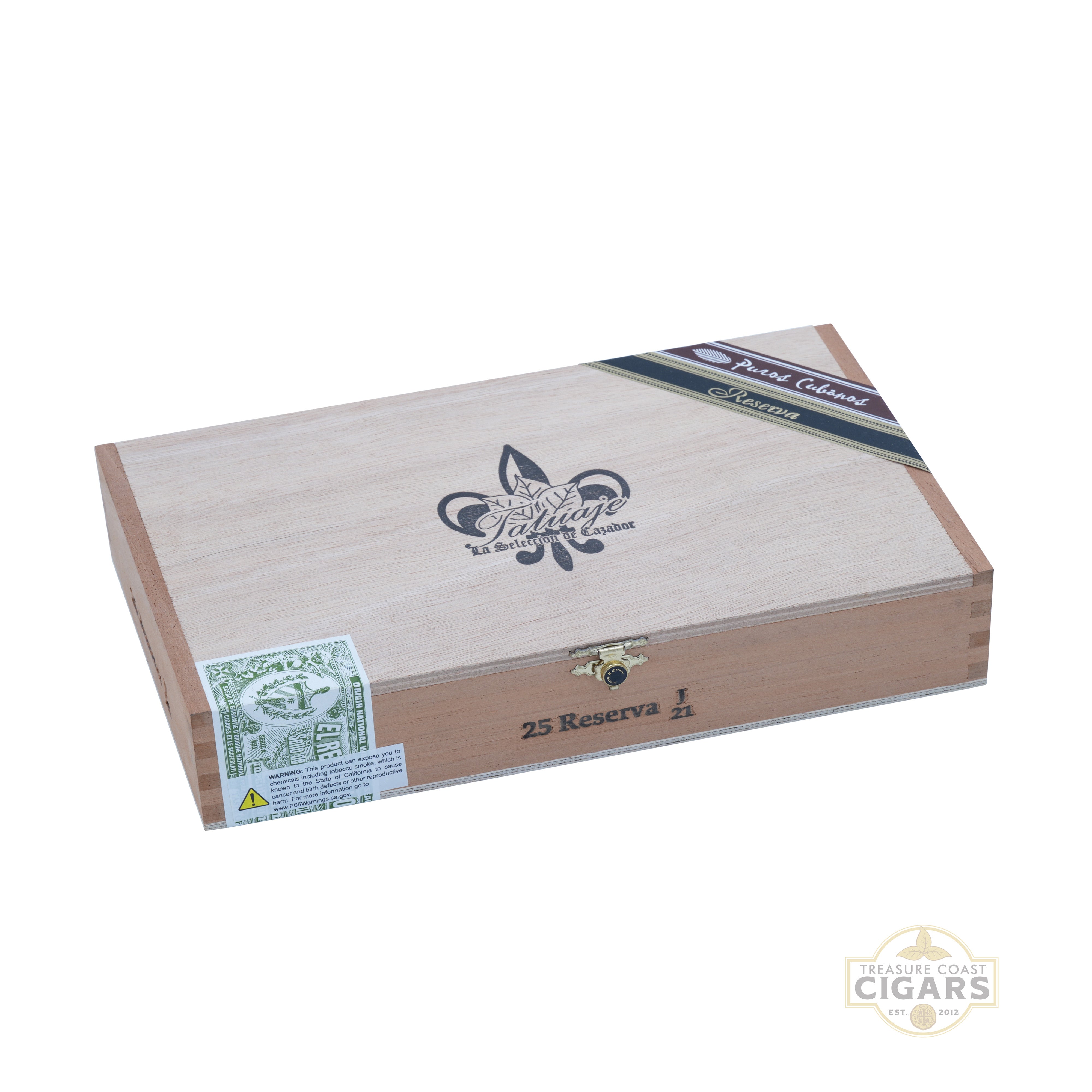 Tatuaje J21 Cigar box with brand logo and product details on a white background