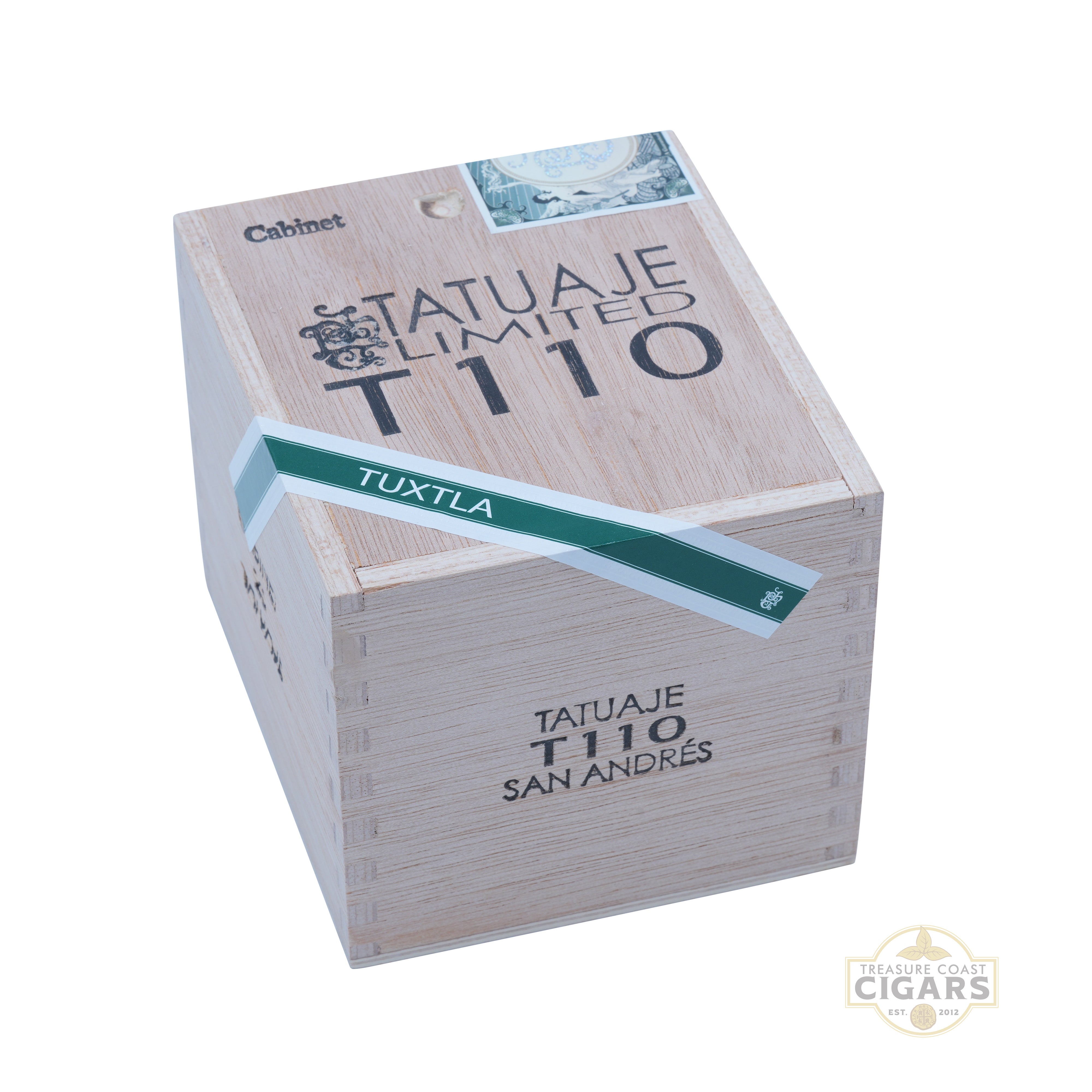 Wooden box with Tatuaje Limited T110 branding on a white background