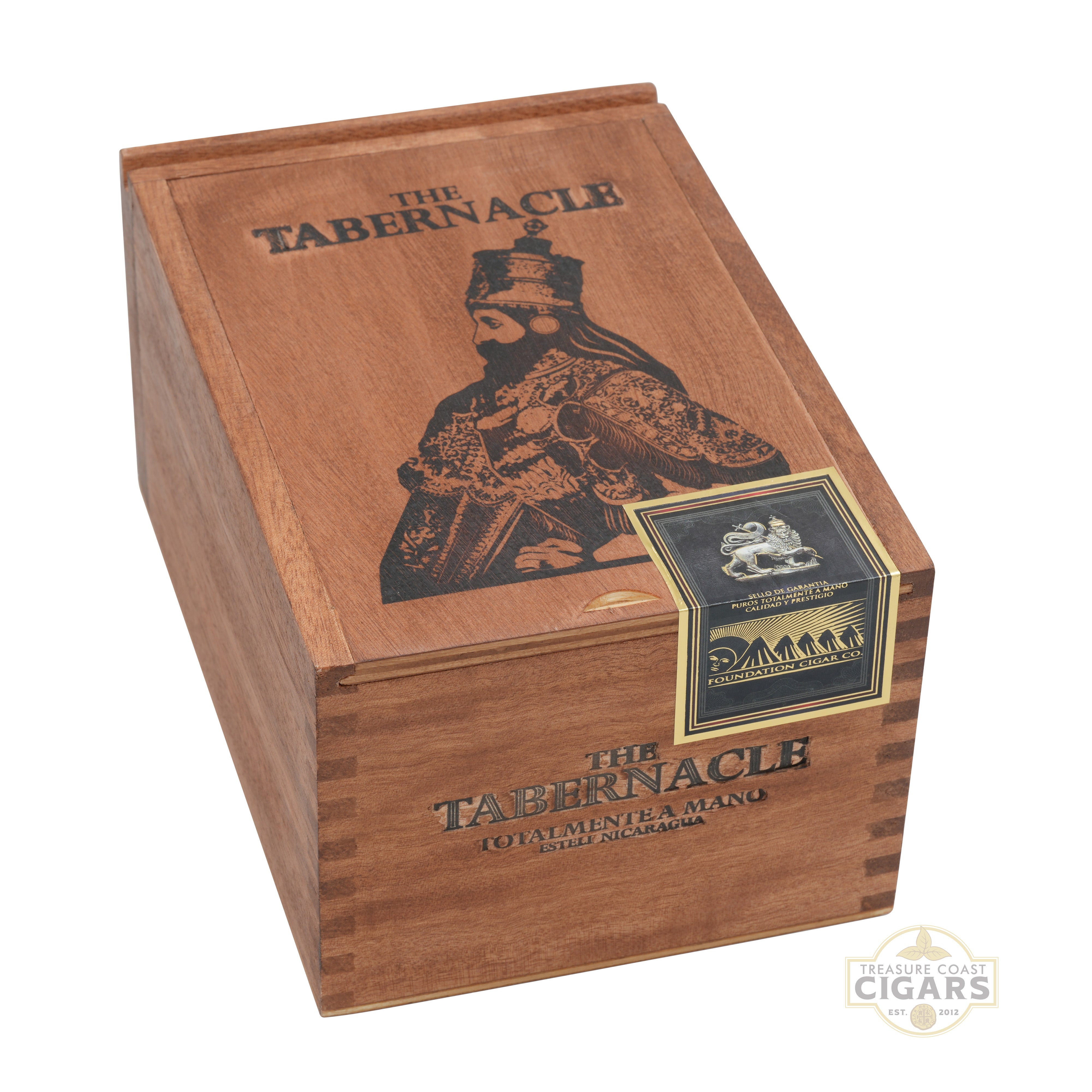 Wooden cigar box with 'The Tabernacle' branding and illustration on a white background