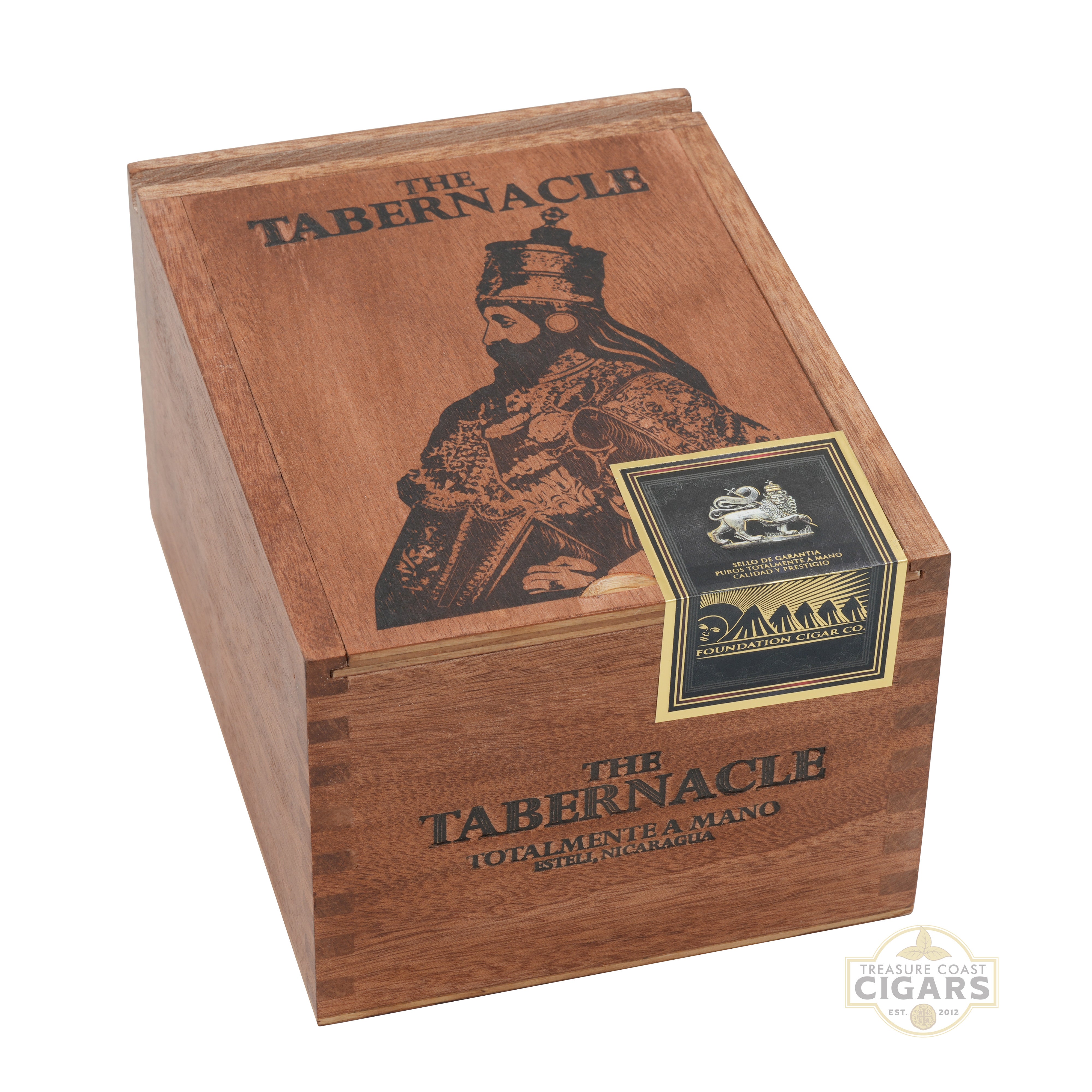 Wooden box with 'The Tabernacle' branding and a depiction of a person holding a book on the cover.
