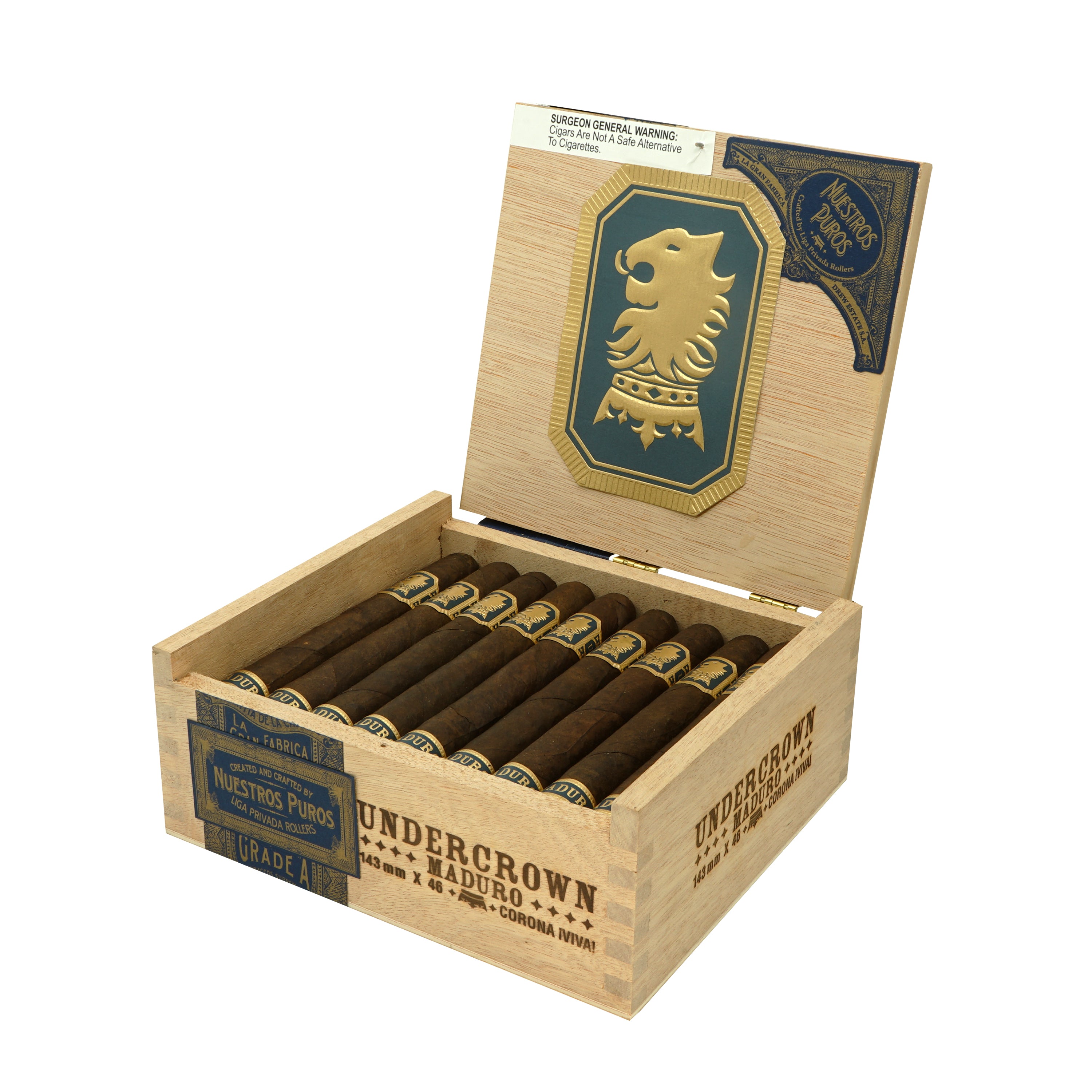 Open box of Undercrown Maduro cigars with a visible brand logo on a white background