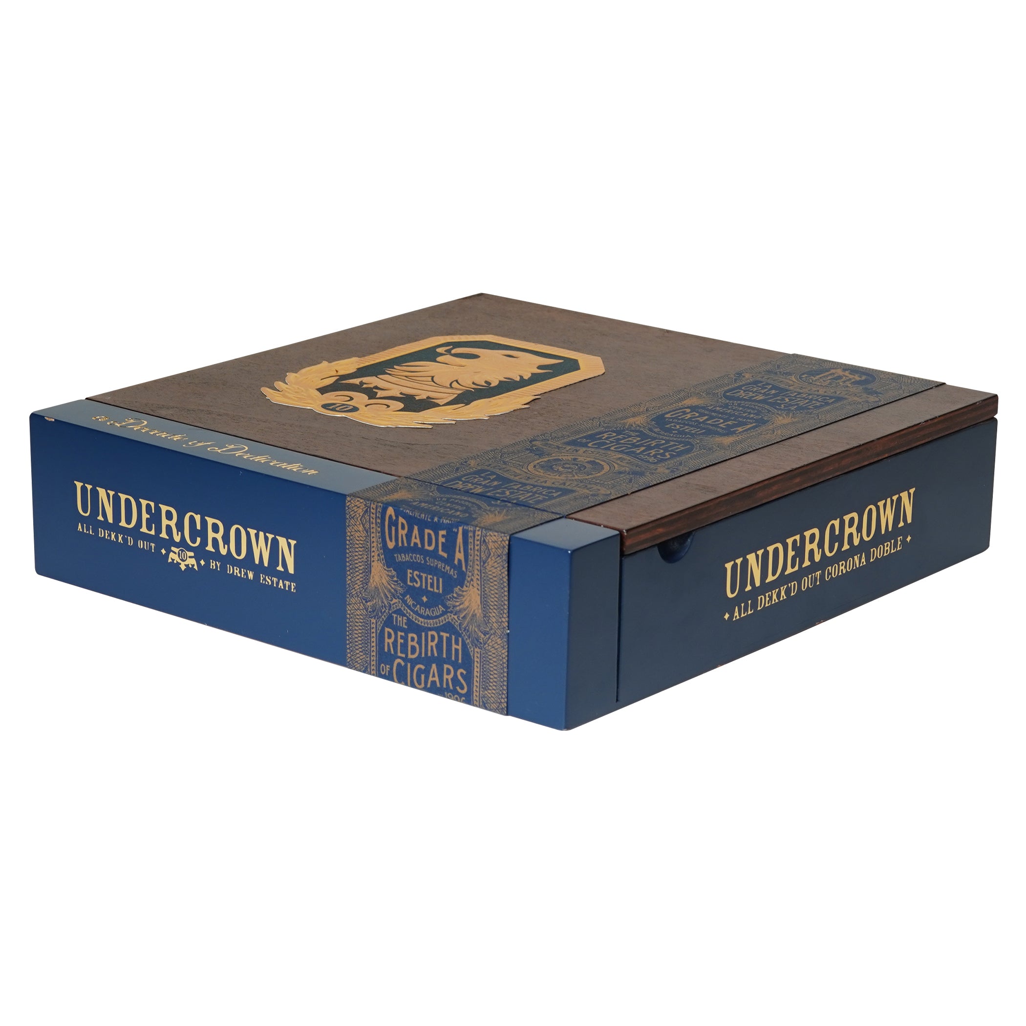 Undercrown cigar box with blue and brown design on a white background