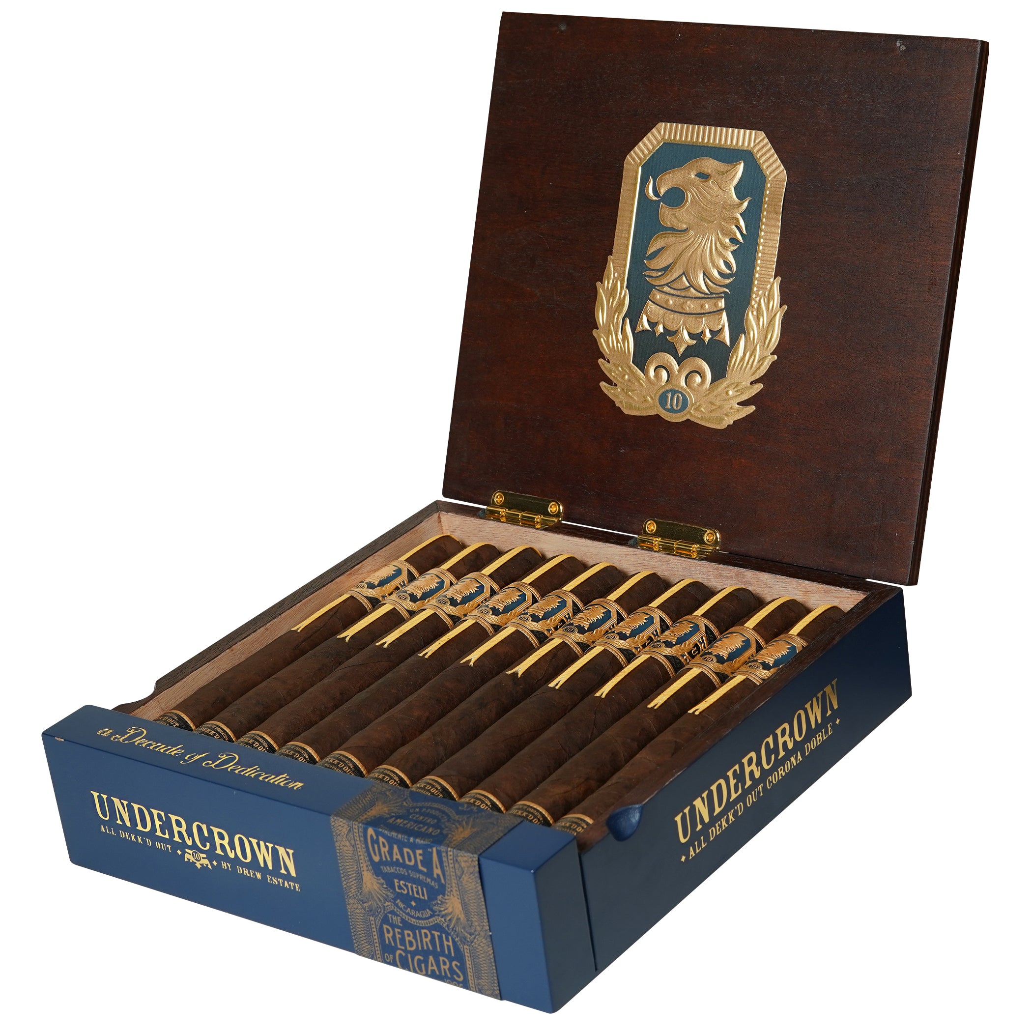 Open box of Undercrown 10 Corona Doble cigars with decorative lid on a white background