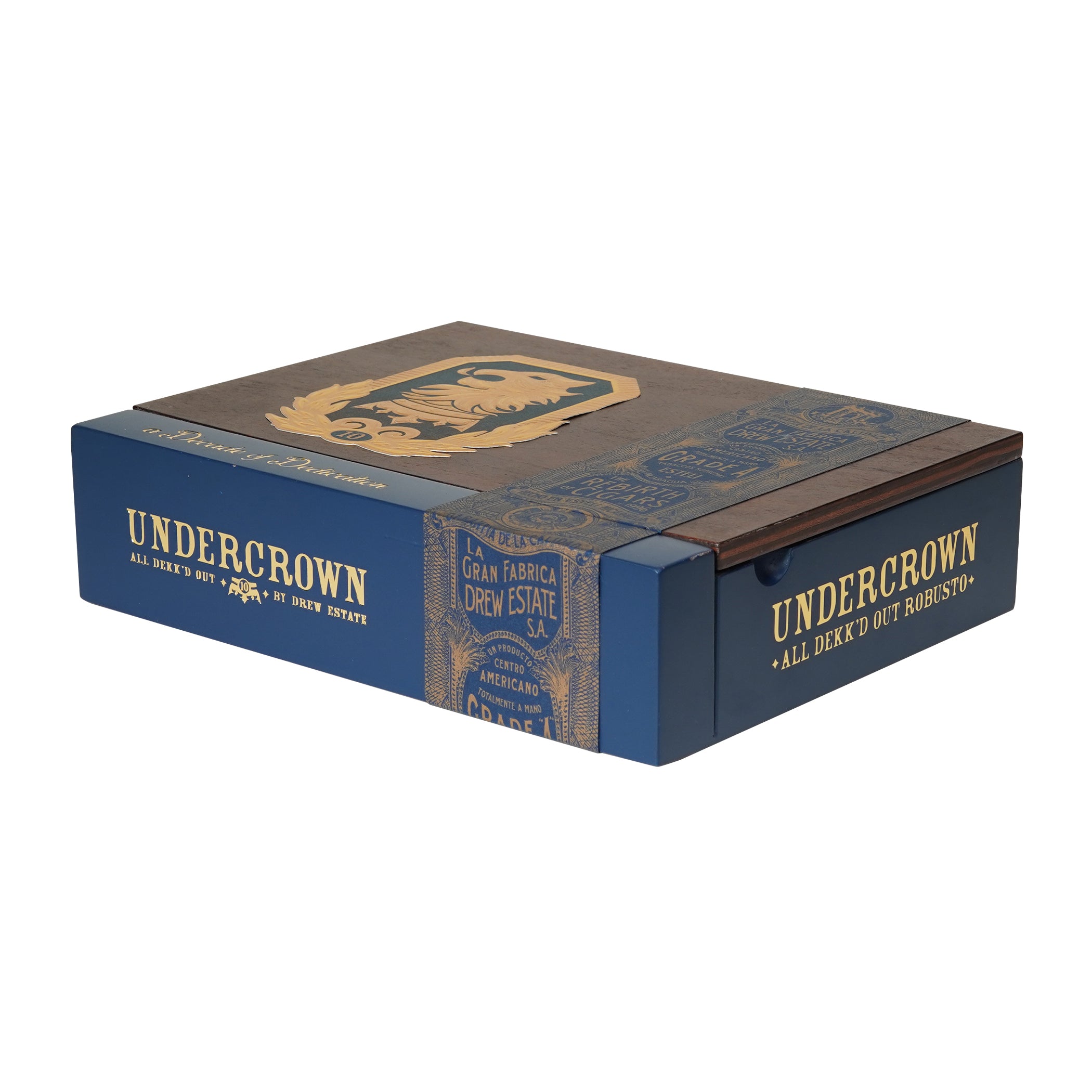 Undercrown cigar box with blue and brown design on a white background