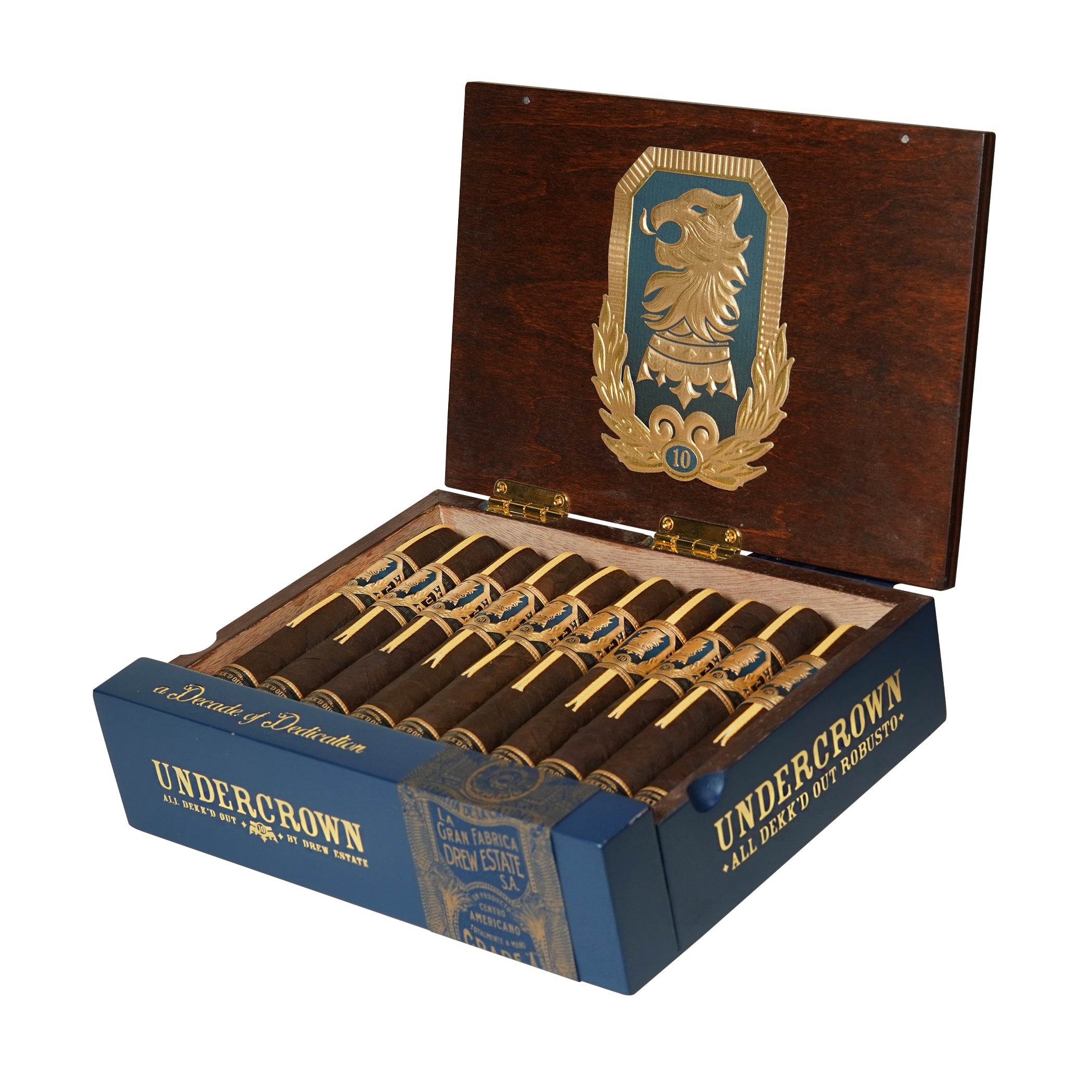 Open wooden box of Undercrown cigars with a decorative emblem on a white background
