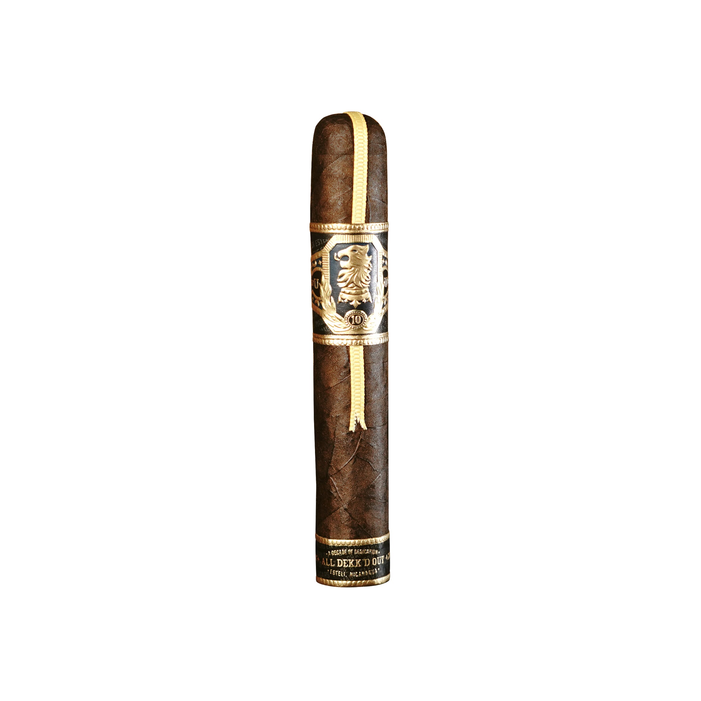 Cigar with a gold band and logo on a white background
