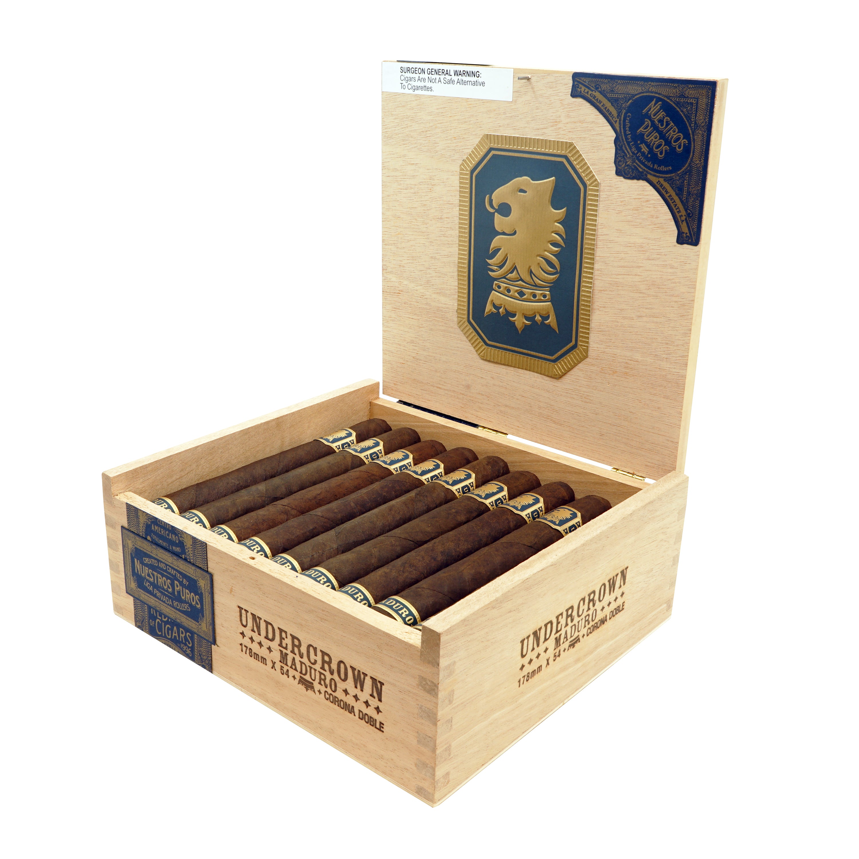 Open wooden box of Undercrown cigars with visible branding on a white background