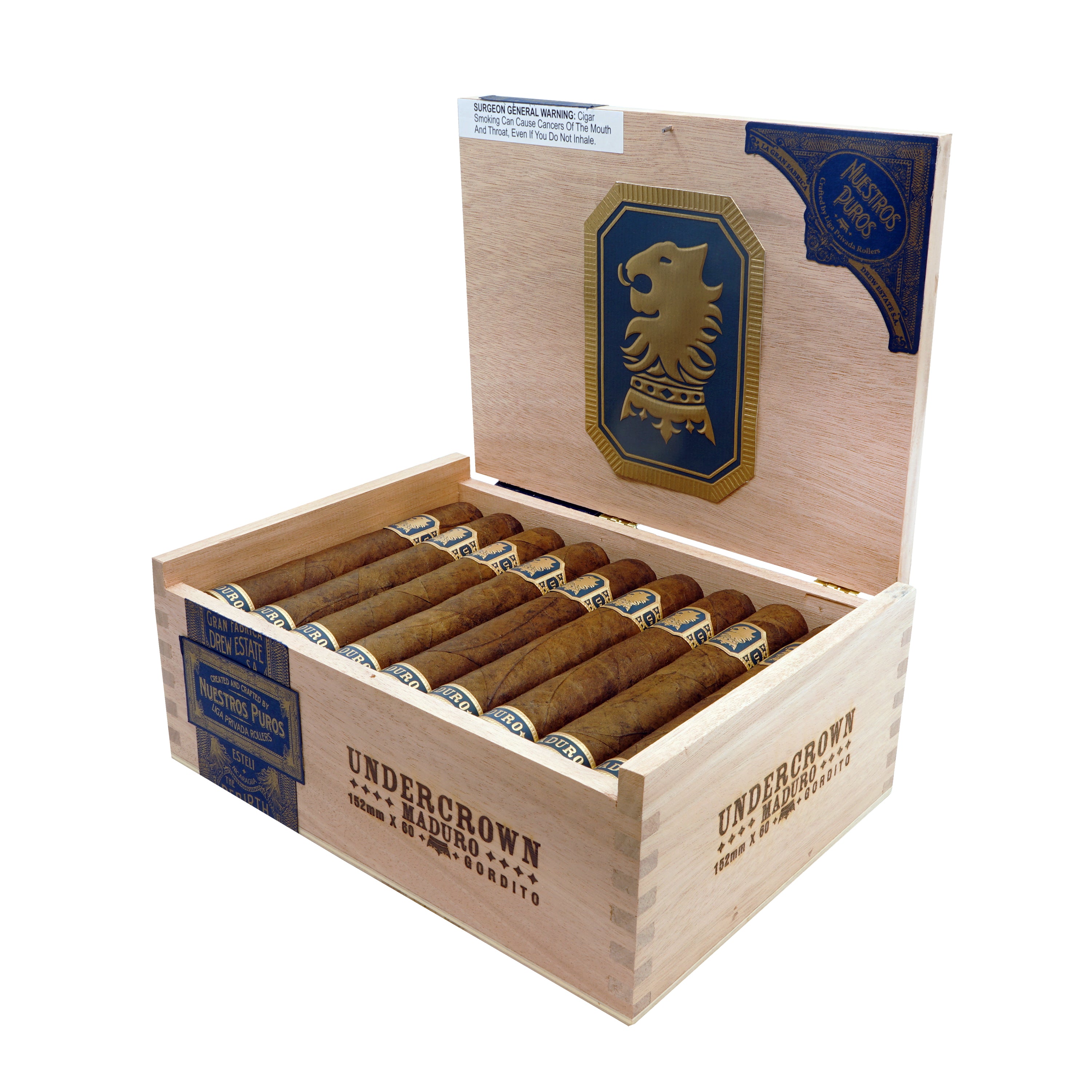 Open wooden box of Undercrown cigars with visible branding on a white background