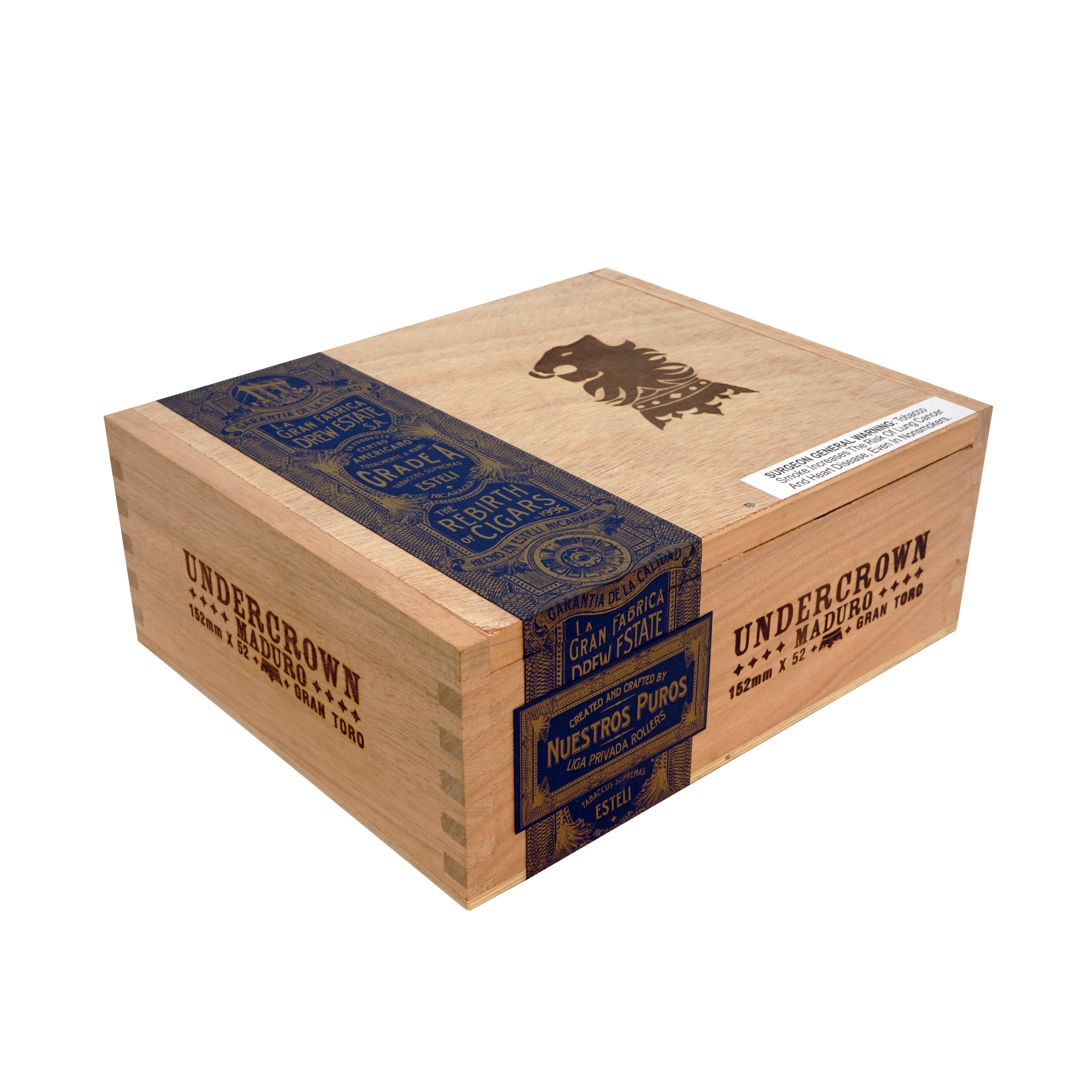 Wooden cigar box with blue label featuring 'Undercrown' branding on a white background