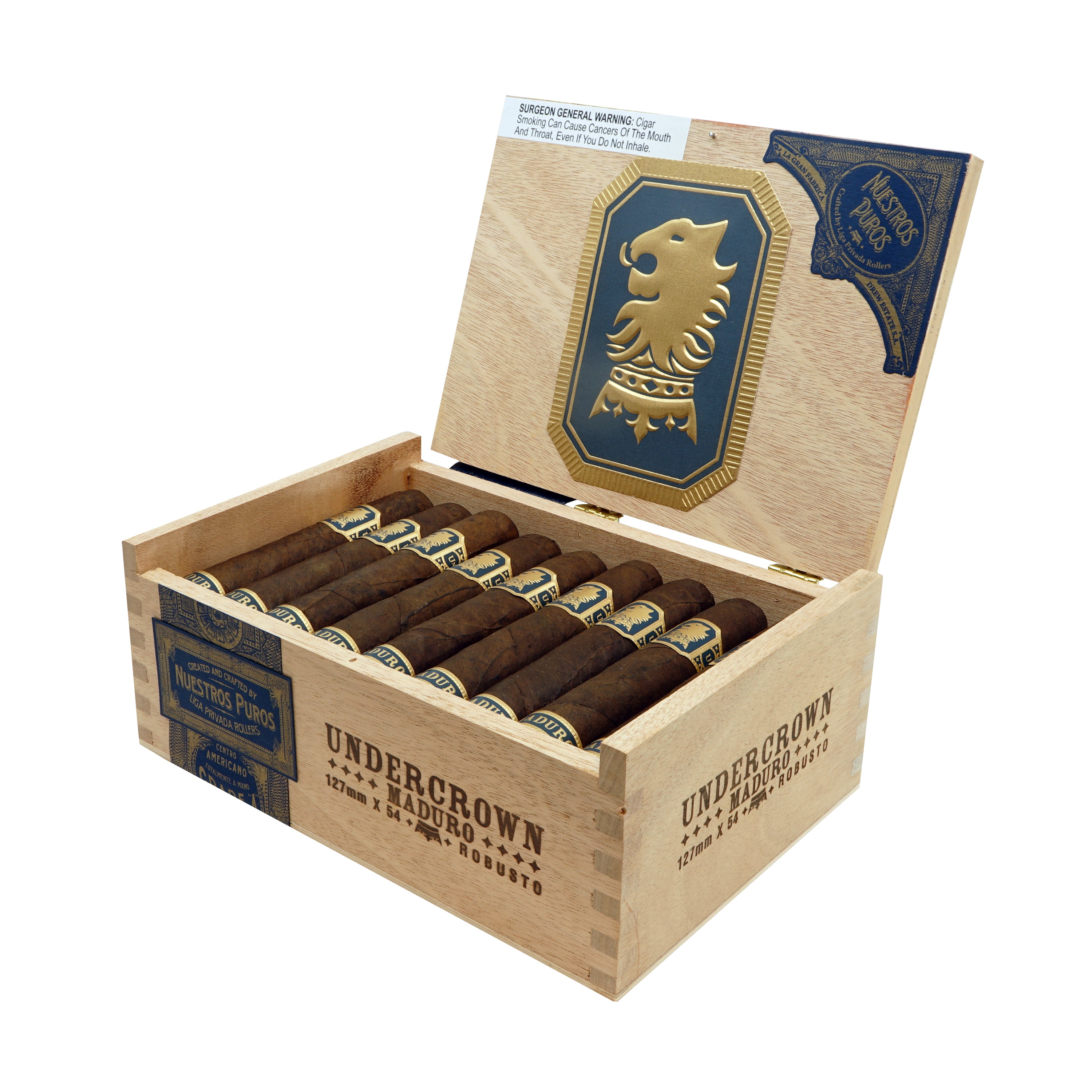 Open wooden box of Undercrown Maduro cigars with visible branding on a white background