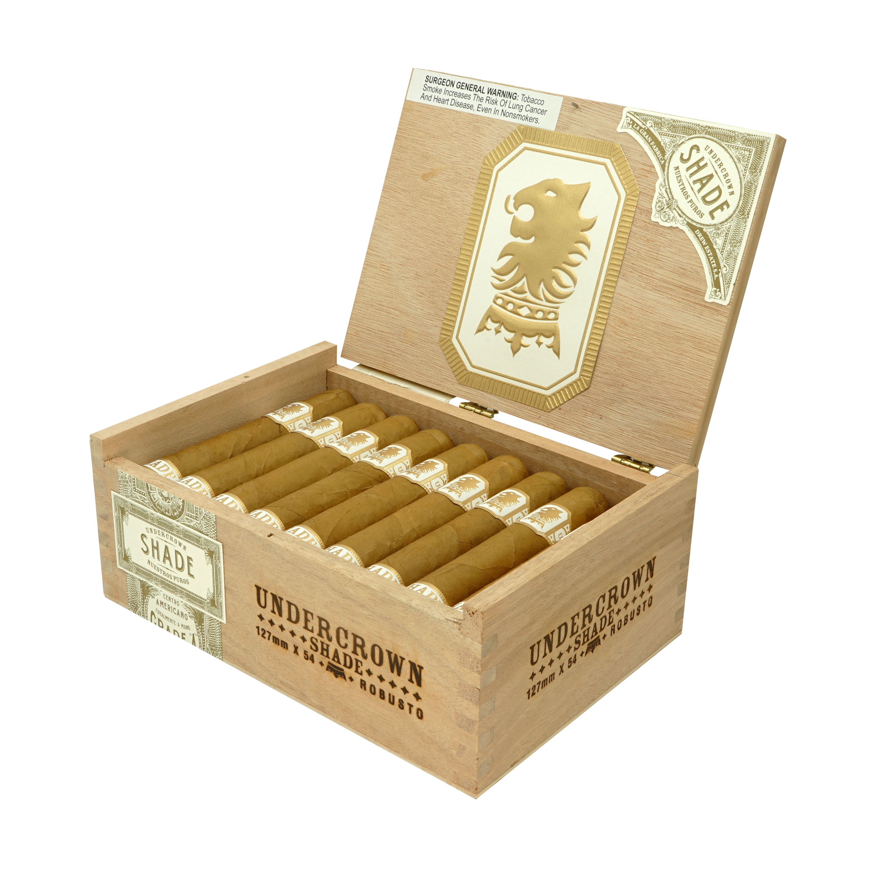 Open box of Undercrown Shade Robusto cigars by Drew Estate, featuring neatly arranged cigars with light Connecticut wrappers. The wooden box lid displays a gold lion emblem and branding.