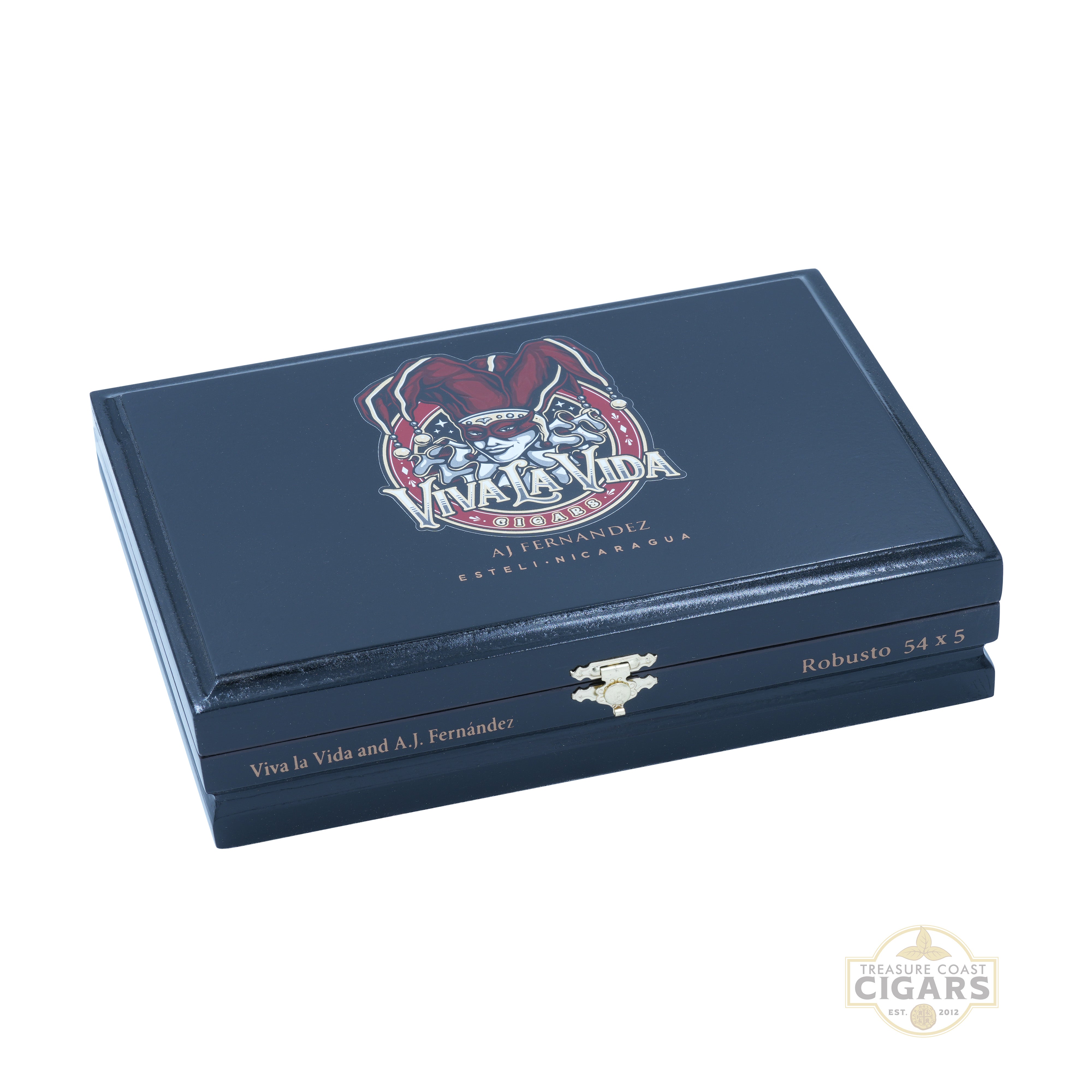 Black cigar box with 'Viva la Vida' logo on a white background