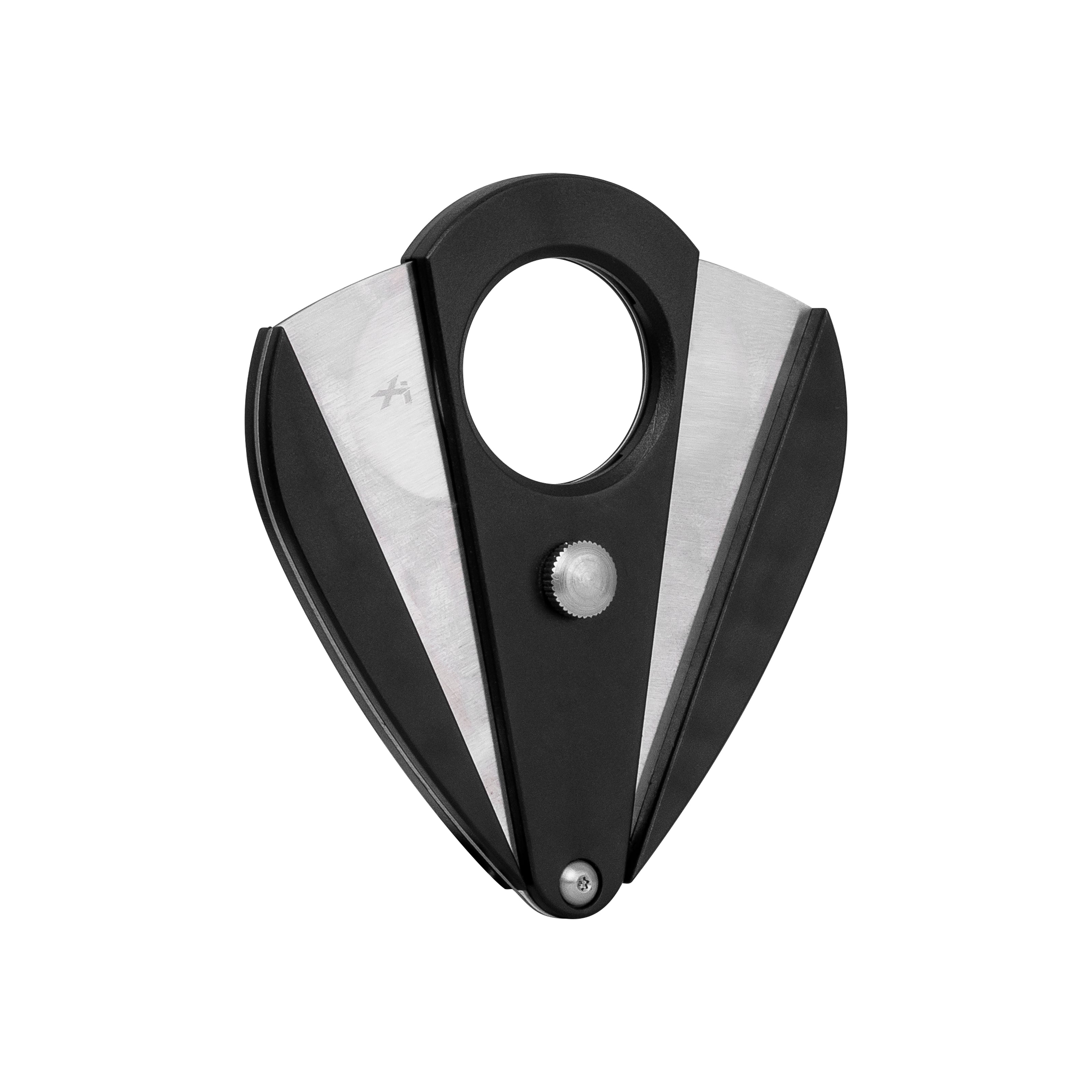 Black and silver cigar cutter on a white background
