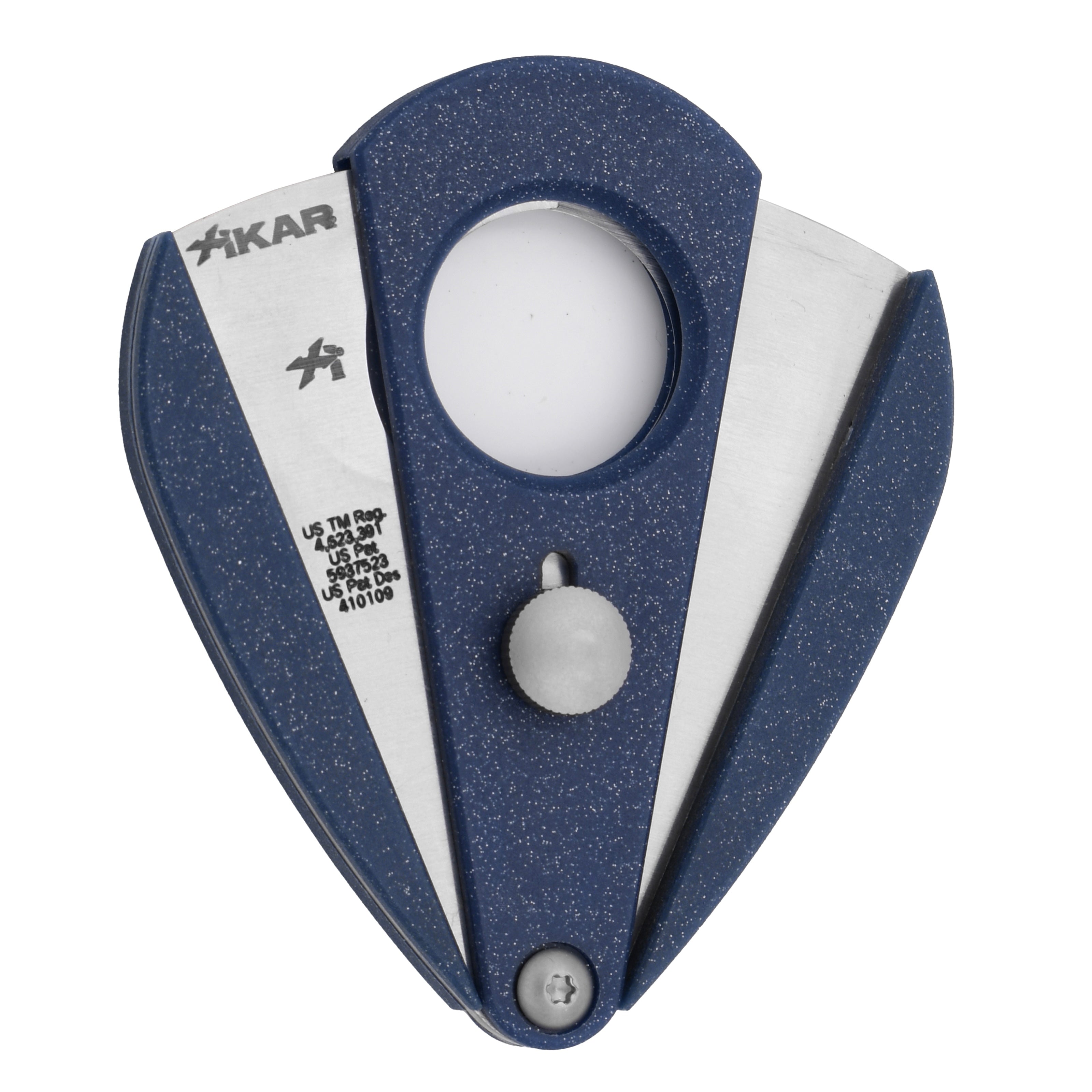 Blue and white cigar cutter with Xikar branding on a white background