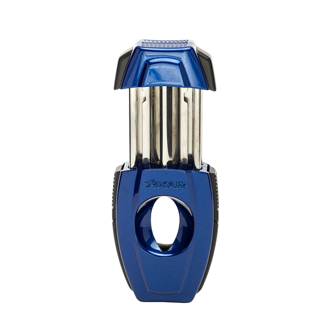 Blue and silver cutterr with 'Xikar' branding on a white background