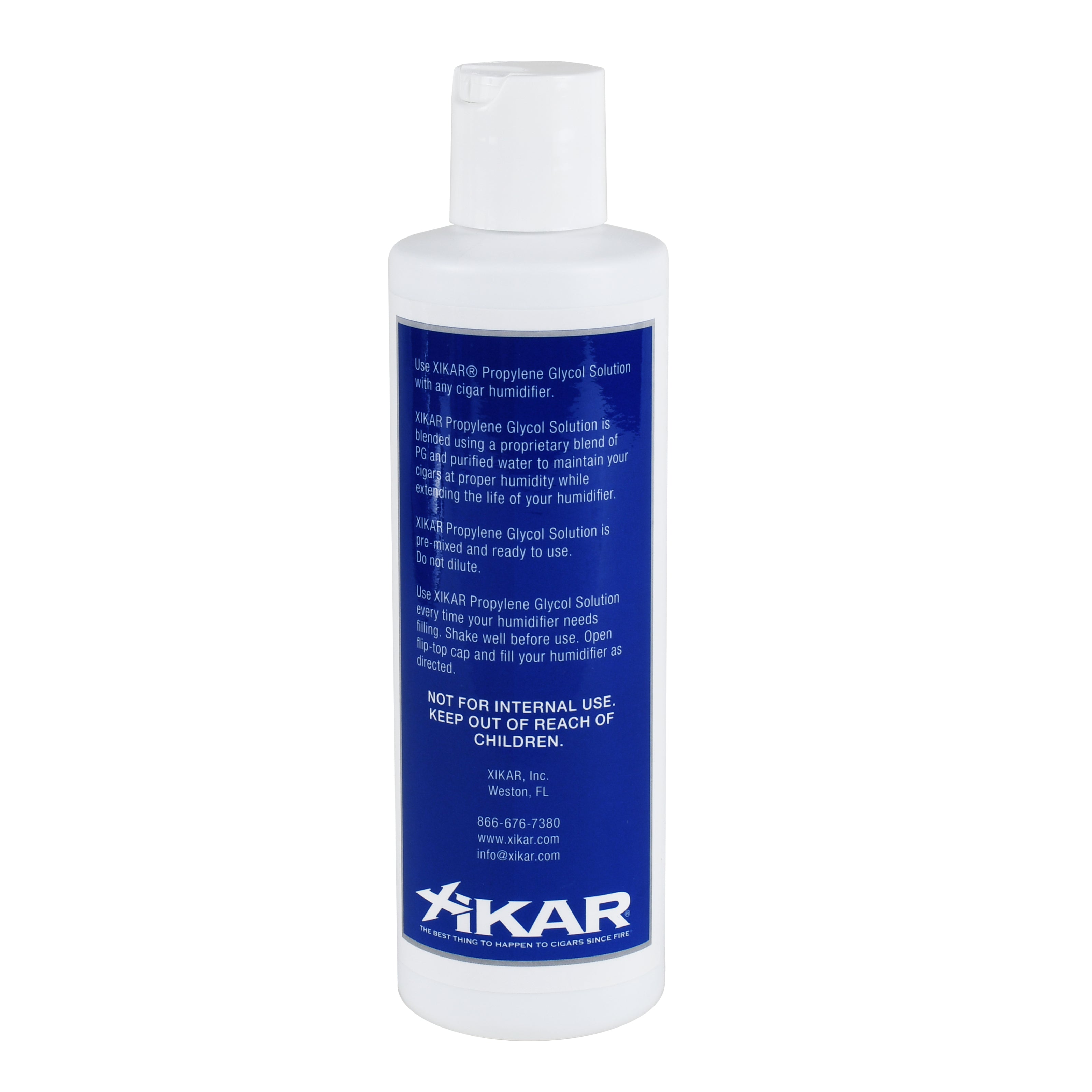 Xikar bottle with blue label on a white background