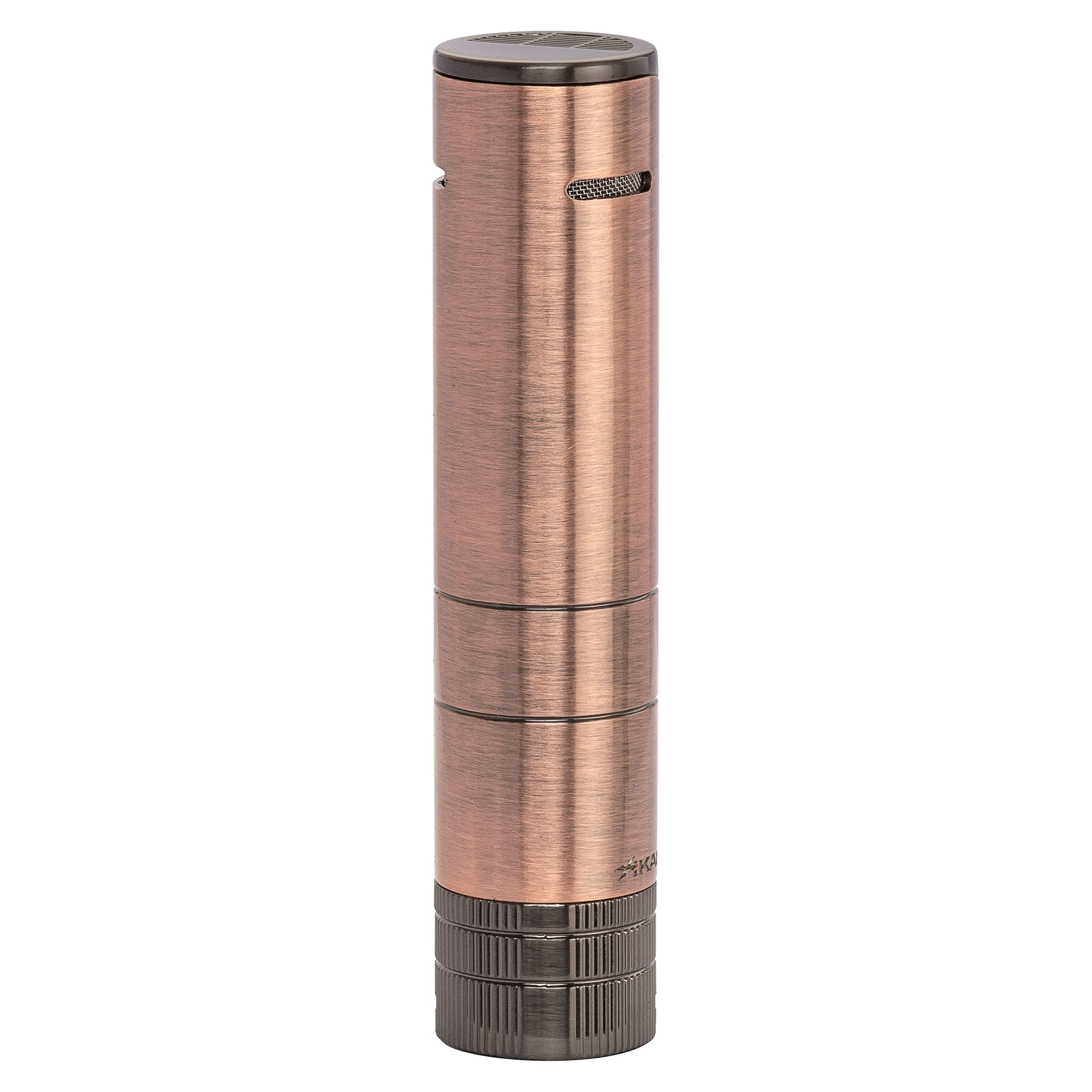 Cylindrical metallic object with a rose gold finish on a white background