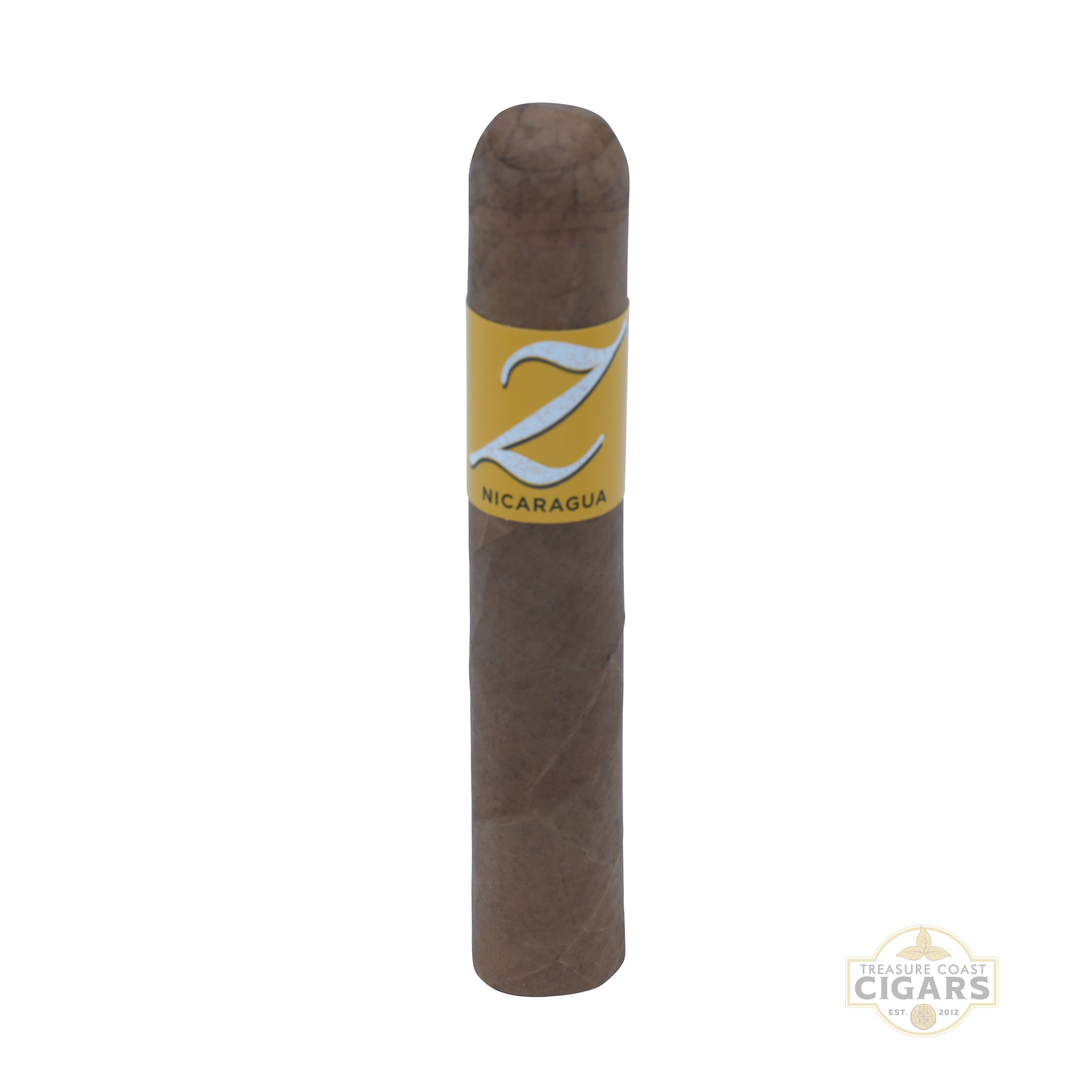 Cigar with a yellow label featuring the letter 'Z' on a white background