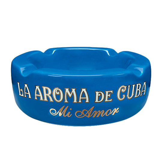 Blue ashtray with 'La Aroma de Cuba Mi Amor' text on a white background